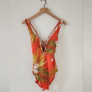 Kona Sol Tropical Print One-Piece Orange Green Vacation Beach Swimsuit Medium